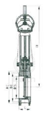 PZ573H/X/F-6/10/16伞齿轮对夹式刀形闸阀 外形尺寸图1